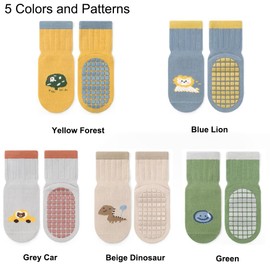 Exemaba Baby Anti Slip Socks 5 Pairs Toddler Cute Animal Crew Slipper Socks for Boys Girls(Beige Dinosaur,S/6-12M)