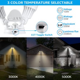 LEONLITE 3CCT LED Security Light, Motion Sensor Flood Lights Outdoor, Aluminum, 3 Modes Motion Detector+Dusk to Dawn+Switch Control, 3000K/4000K/5000K Selectable, IP65, Adjustable 2-Head, ETL, White