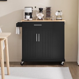 Topeakmart Kitchen Island Cart on Wheels with Foldable Countertop, Rubberwood Rolling Kitchen Cart with Storage Cabinet, Open Shelves, Detachable Towel, Drawers, Black