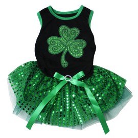 Puppy Clothes Dog Dress St Patrick's Day Clover Leaf Black Top Green Sequin Tutu