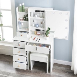 Yamissi Vanity Set with Sliding Lighted Mirror Makeup Dressing Table Dresser Desk  White