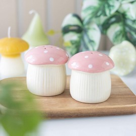 Whimsical Ceramic Mushroom Salt and Pepper Shakers Set, Pink and White, Polka Dot Design, Kitchen Table Decor, 2 Piece
