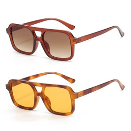 LJCZKA 2 Pcs Fashion Pilot Sunglasses for Women Men Flat Square Frame Double Bridge Sunglasses Classic Vintage Style with UV400 Protection