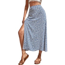 CHARTOU Falda larga de verano para mujer, cintura alta, estampado floral, abertura lateral, falda bohemia, Azul claro, L