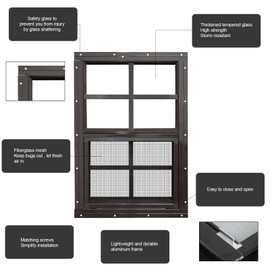 NeatiEase 2 Pack Shed Windows with Black Frame, 12x 18 Flush Mount Small Window with Tempered Glass and Fiberglass Screen for Shed, Chicken Coop, Playhouse, Household, Garage (Brown)