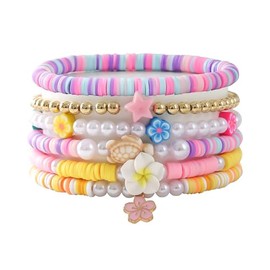 Polymer Clay Flower Shell Bracelet Set for Women Heishi Ocean Element Stretch Bracelet Colorful Surfer Bead Elastic Bracelets Simulated Pearls Tortoise Stackable Bracelets for Women Jewelry-D