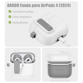 ARGOO Funda para AirPods 4 Generacion Cierre Magnético Expulsión Automática, Case Protector TPU Rígido con Cierre de Seguridad, Estuche Resistente a Golpes y Arañazos (Blanco)