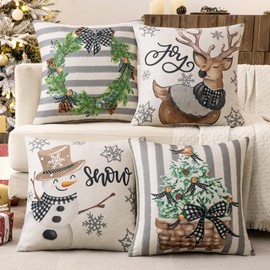 MIULEE Set of 4 Grey Decorative Pillow Covers 18x18 inch Snowman Elk Merry Christmas Throw Pillow Cases Winter Seasonal Cushion Cases Home Decors for Sofa Couch Bedroom