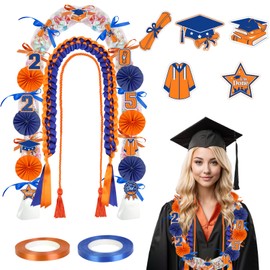CORNER LACE 77PCS Graduation Leis Kit Hawaiian Congrats Grad Candy Making Leis Ribbon Lei Including Honor Cord Decoration Cards Paper, Grad Gift Party Favors for Class of 2025 Student (Orange Blue)