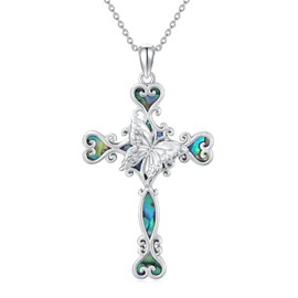 SILBAZ Butterfly Cross Necklace for Women Abalone Shell Cross Pendant Butterfly Cross Jewelry Gift for Girlfriend Mom