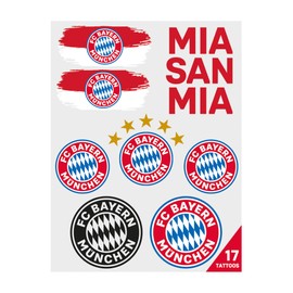 FC Bayern München Tattoo Set - 2 Sheets with 17 Multicoloured Skin Tattoos, 12.5 x 9.5 cm, Fan Item for Children and Adults