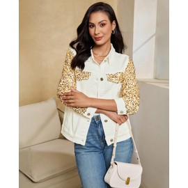 luvamia Womens Denim Jackets Party Outfits for Woman Womens Sequin Jackets Trendy Shiny Jacket Women White Jeans Jacket for Women Cream White and Gold Size Medium Fits Size 8-10