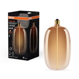 OSRAM Vintage 1906 Big Elipse Oval is a dimmable LED lamp with filament in ellipse shape, offering 4.8W for 200lm, E27 socket, Tea Brown Glass, 145mm diameter, CRI 80, 1800K