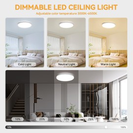 CANMEIJIA Bathroom Ceiling Light, 24W LED Ceiling Light with Remote Control, 12 Inch Dimmable 3000K/4500K/6500K Flush Ceiling Light for Living Room Bedroom Hallway, White