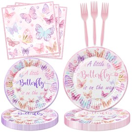 Letromp Butterfly Baby Shower Birthday Decorations Girl Pink A Little Butterfly Is On The Way Paper Plates Napkins Forks Tableware for Butterfly Girls Gender Reveal 1st Bday Party Supplies