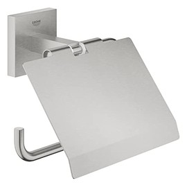 GROHE Start Cube Toilet Roll Holder with Cover (Metal, Wall Mounted, Concealed Fastening, Including Screws and Dowels), Size 111 mm, Extra Easy to Fit with GROHE QuickGlue, Stainless Steel, 41102DC0