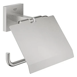 GROHE Start Cube Toilet Roll Holder with Cover (Metal, Wall Mounted, Concealed Fastening, Including Screws and Dowels), Size 111 mm, Extra Easy to Fit with GROHE QuickGlue, Stainless Steel, 41102DC0