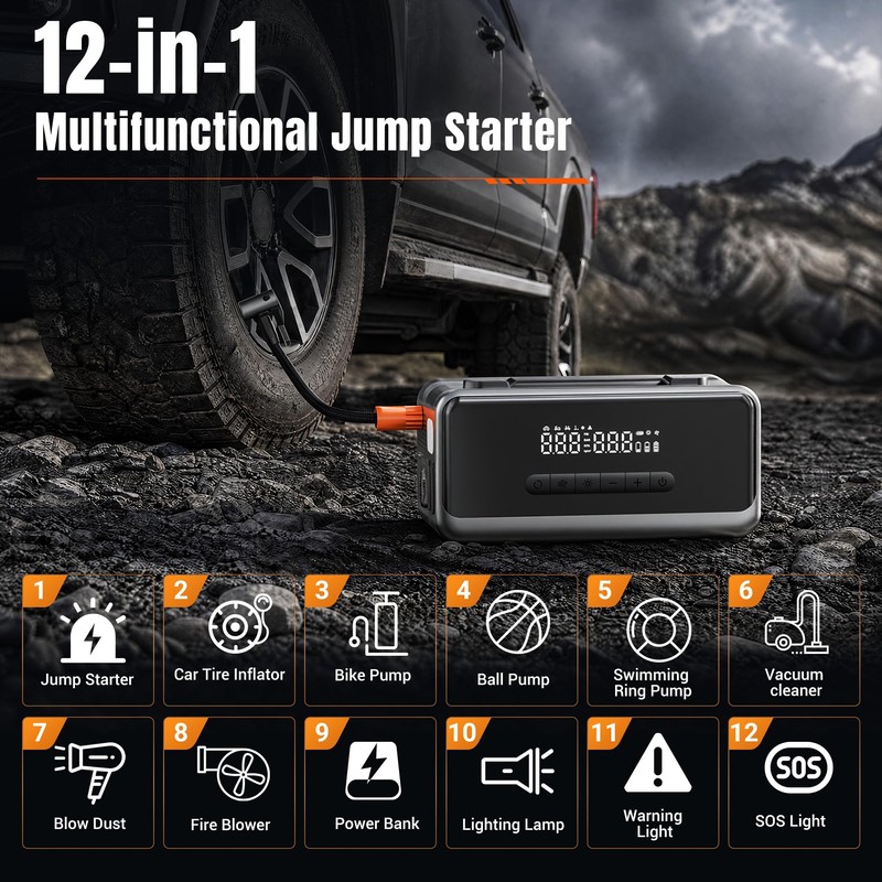 Jump Starter with Air Compressor, 12V Portable Car Battery Jump