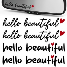 4X Hello Beautiful Decals for: Rearview and Vanity Mirrors, Tumblers, Water Bottles, Laptops | Affirmation Decals | 4-inch (Black + Red Heart, Hello Beautiful)