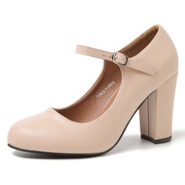 Women's Mary Jane Heels Closed Toe Chunky Heel Round Toe Block High Heel Pumps Matte Nude US 11