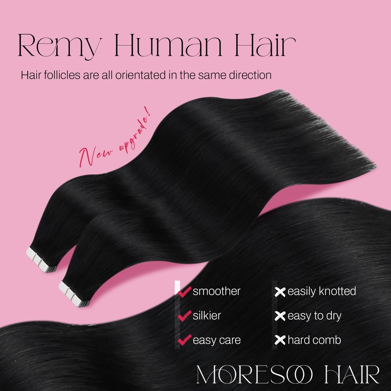 Moresoo Black Hair Extensions Tape in Human Hair 18 Inch