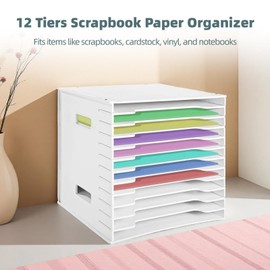12 Tiers Scrapbook Paper Organizer, 12 x 12 in File Sorter Storage Rack, Adjustable PVC Foam Sheet Shelf Unit, Desktop Document Holder for Home Office Craft Room, Fits 13 x 13 in Cabinets