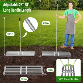 Lawn Leveling Rake,36x12 inch Heavy-Duty Galvanized Steel Landscape Rake with an Adjustable 78'' Extra Long Handle Lawn Leveling Tool for Yard,Backyard,Garden,Golf,Farm,Pasture