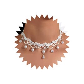 Atentuyi Boho Wedding Flower White Lace Choker Necklace Silver Bead Tassel Pearl Pendant Necklace Vintage Rose Floral Choker Collar Clavicle Short Necklace Jewelry for Women Teen