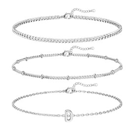 Besalon Silver Bracelets for Women,14K White Gold Initial Bracelets for Women Link Charm Silver Bracelet Stack Waterproof Jewelry for Women Trendy Minimalist Simple Bracelet Set Jewelry Gift