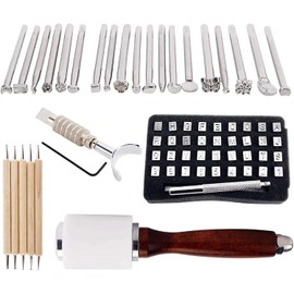 KLLsmDesign Leather Craft Working Suit Set Included Pattern Alphabet Digital Stamp Punch, Dotting Tools, Leather Swivel Knife, Hammer, Roller for Saddle Making, DIY Sculpture Kit