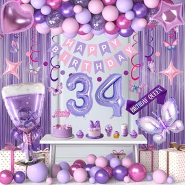 Miidenks 34th Birthday Decorations, Pink Purple 34 Birthday Balloons for Women, Lavender Party Supplies with Number Balloons, Banner, Sash, Butterfly Hanging Swirls