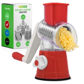 Nutrichef 3 in 1 Cheese Grater & Shredder | Strong Suction Base, Rotary Handle with Safety Lock | Includes Cleaning Brush, Hand Crank & 3 Drum Blades for 3 Textures, Fine, Medium & Strips | Red