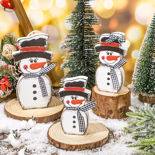 JarThenaAMCS 3Pcs Retro Winter Snowman Wooden Decoration Christmas Rustic Black