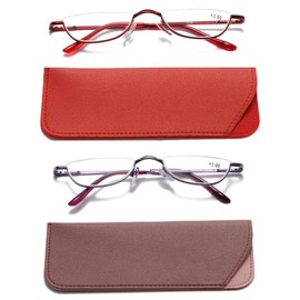 Viseng 2 Pairs Half Frame Reading Glasses for Women Men Slim Half Moon Lens Readers Metal Semi Rimless eyewear +1.0
