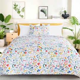 ROMROL Quilt Set Twin Size Floral Quilt Bedding Set 2 Pieces Quilted Bedspread Lightweight Coverlet Set Garden Patchwork Style Soft Reversible Quilted Sets with 1 Pillow Shams for All Season(68*86”)
