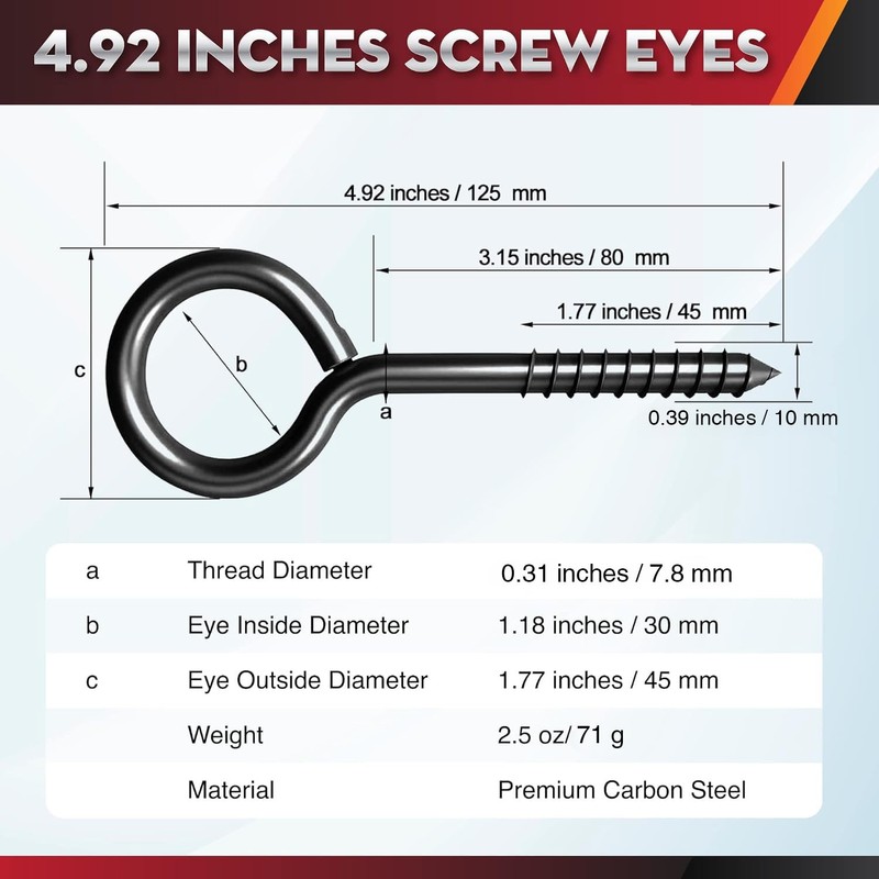 PAMAZY 5Inch Heavy Duty Black Screw Eyes Hook, 6PCS Self