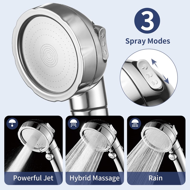 HANLIAN High Pressure Shower Head with Pause Button, 3 Spray