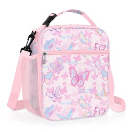 Clastyle Pink Butterfly Insulated Lunch Bag for Kids, Portable Large Thermal Cooler Lunch Bag for Girls, School Lunch Box Bag with Bottle Holder