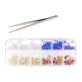 allydrew Dazzling Nail Art Rhinestones Nail Manicure with Plastic Case, Ivory & Aquamarine