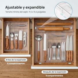 Vtopmart Organizador de cubiertos extensible, organizador de cubiertos de plástico transparente apto para uso alimentario, organizador de cajones...  
