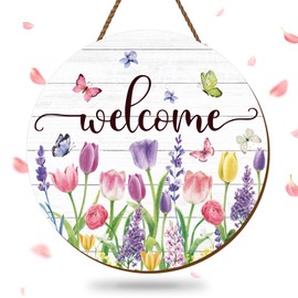 JarThenaAMCS Summer Flower Welcome Door Sign Tulip Wooden Hanging Sign Floral Butterfly Door Hanger Sign for Spring Summer Holiday Indoor Outdoor Farmhouse Home Porch Window Decor
