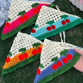 KuuGuu 4 PCS Crochet Bandanas Headbands Cute Cherry Hairbands Pink Knitted Headscarf Red Fruit Head Scarf Foral Headwrap for Thin Thick Hair Curly Bcak Head Kerchief for Women Girls Hair Accessories