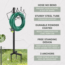 Idzo Garden Hose Holder Freestanding Detachable, Heavy Duty Stainless Steel Hose Hanger Powder Coated, Water Hose Stand for Outside with 3 Stable Anchors - Crown (Hose not included)