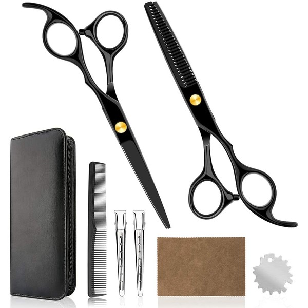 Professional Home Hair Cutting Kit - Quality Home Haircutting Scissors Barber/Salon/Home Thinning Shears Kit with Comb and Case for Men and Women (Black #2)