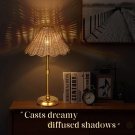 Folux Cordless Boho Rattan Table lamp, 5200-mAh Rechargeable Battery, 3-level Brightness Dimmable, Build-in Integrated LED 320 Lumen Max, Rattan Shade, for Bedside Restaurant Resort Hotel Dining Table