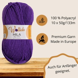 Wollidu Mila Yarn for Crochet and Knitting, 10 x 50 g/133 m, Knitting Yarn, 100% Polyacrylic, Crochet Yarn, Purple