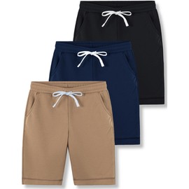 3 Pack Boys' Pull On Jogger Shorts Youth Kids Casual Terry Sweat Shorts with Pockets Drawstring (Set 7, Large)