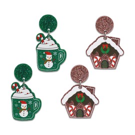 Agriajun Christmas Cup Dangle Drop Earrings Set for Women Girls，2 Pairs Cute Fun Green Snowflake Holiday Xmas Santa Snowman House Accessories Jewelry Bulk Gift