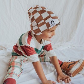RAGS Kids Beanie - One Size Fits All - Soft Knit and Stretchy - Color: Brown Check