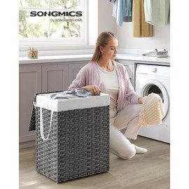 SONGMICS Laundry Hamper with Lid, 23.8 Gallon (90 L) Synthetic Rattan Clothes Laundry Basket with Lid and Handles, Foldable, Removable Liner, Dove Gray ULCB51WG